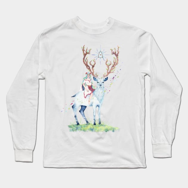 Magical Deer and Girl Long Sleeve T-Shirt by Pearl and Plam